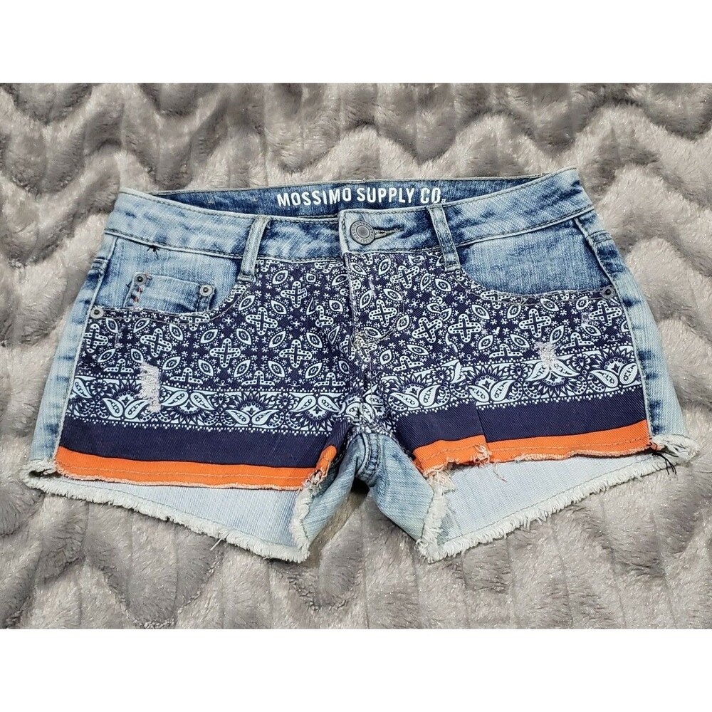 Mossimo Womens Juniors Size 1 Denim Blue Bandana Print Cut Off Booty Shorts